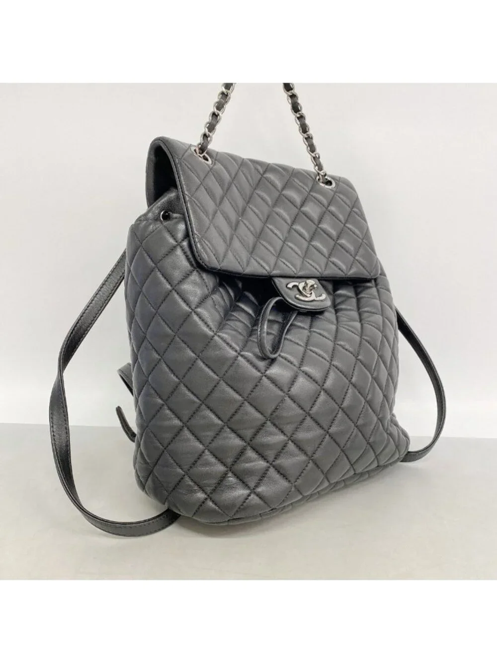 Chanel Backpack Quilted Lambskin Black Silver